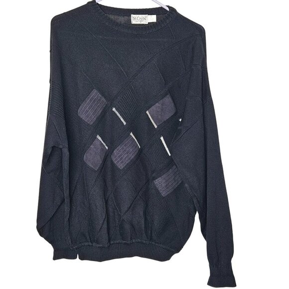 Vintage St. Croix Knits Black Sweater M Geometric Design Ultra Suede Accents‎ - Picture 1 of 7
